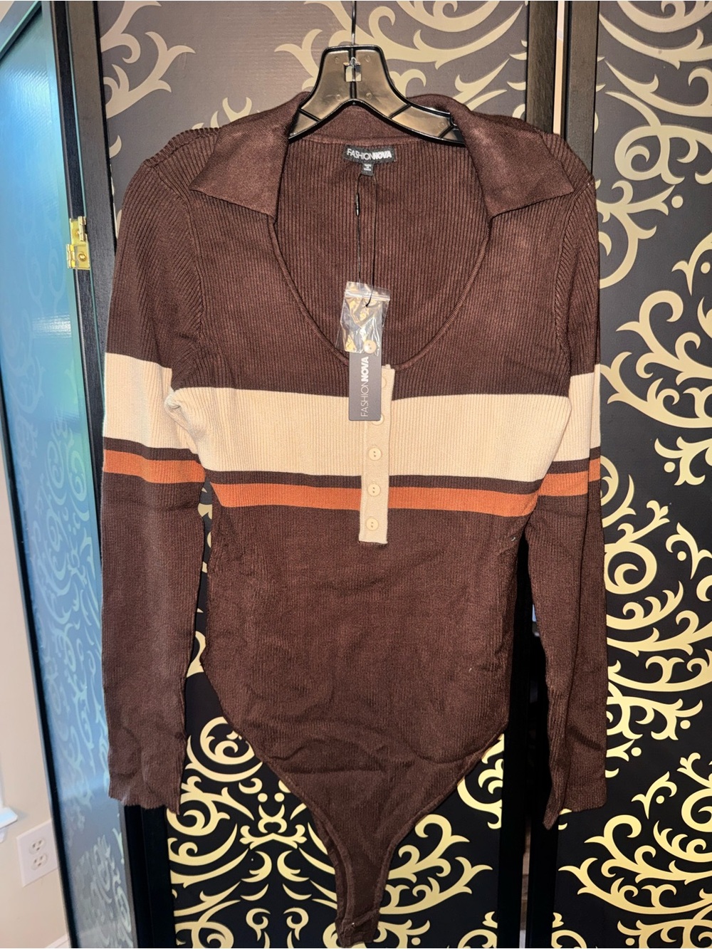 Fashion Nova Brown Striped Ribbed Long-Sleeve Bodysuit